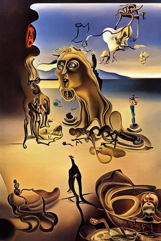 Prompt: surrealist painting by dali full of subtle hints, mystic characters and misleading perspectives, ultrastation hq, 8 l, hyperrealistic, very highly detailed