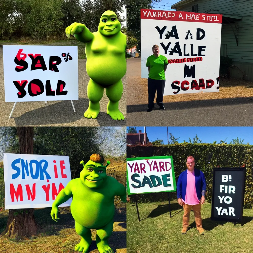 Prompt: shrek standing next to a sign that says “yard sale”