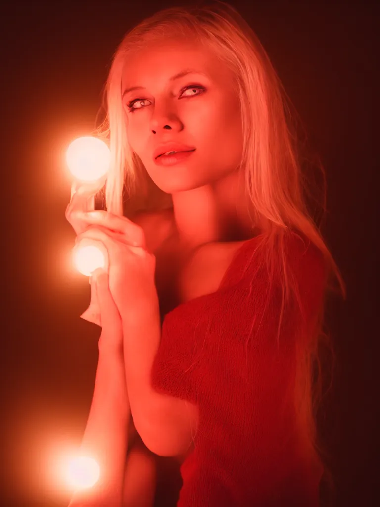 Image similar to photograph of a pretty blond woman illuminated with red light, soft light, night