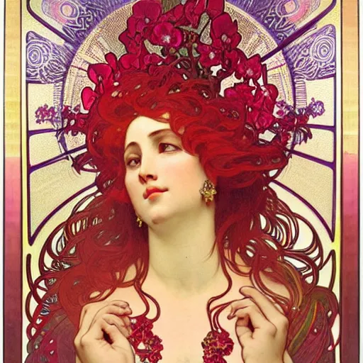 Prompt: a beautiful orchid phoenix angel woman, in an ornamented dress with large, volumetric light, god rays, 8 k high resolution, rubies, by alphonse mucha