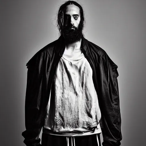 Prompt: a studio photoshoot lookbook portrait of jesus wearing virgil abloh and jerry lorenzo streetwear by nicola samori, fear of god style