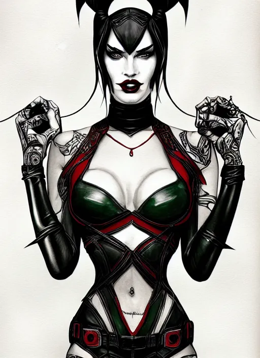 Image similar to symmetry concpet art, full shot, traditional ink, sketch, of megan fox as harley quinn, line sketch, intricate, elegant, highly detailed, monochrome, digital painting, artstation, concept art, green, black, red ink sharp focus, illustration, art by borderlands 3 and peter polach