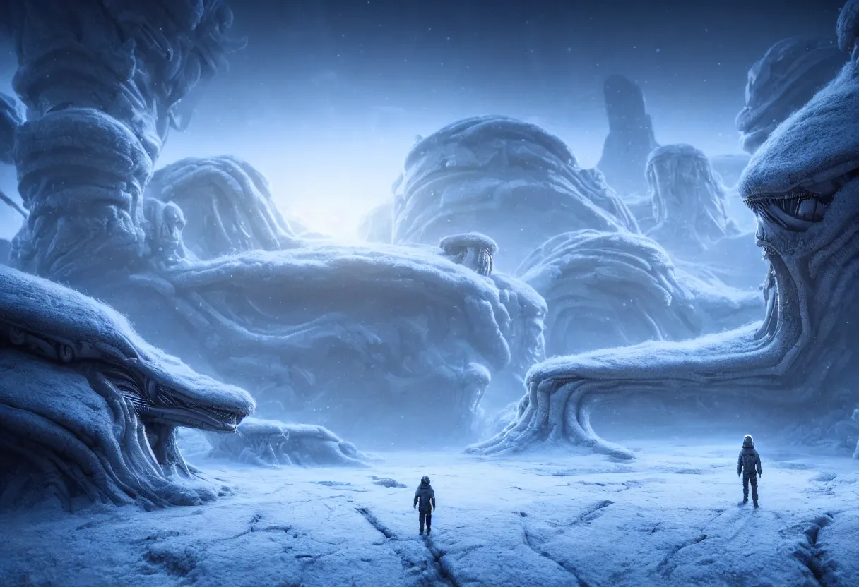 Prompt: alien winter landscape of human mind and imagination, matte painting, beautiful render, octane render, concept art