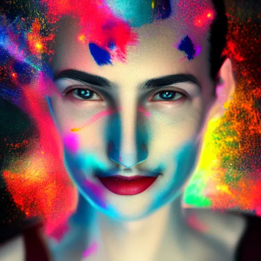 Image similar to improbability, octane render, portrait made of paint, splashes of colors