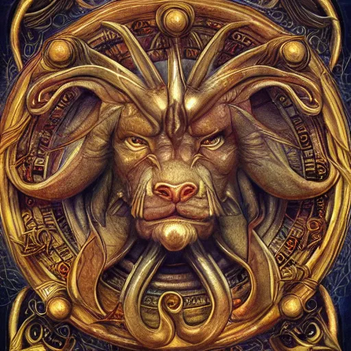 Image similar to detailed and sharp leo god zodiac artwork, mystic style, detailed, 8 k, detailed, symmetrical, by brian froud