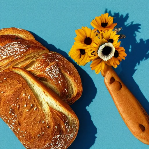 Prompt: bread toast with eyeglasses and a blue flower, logo, flat style, long shadows