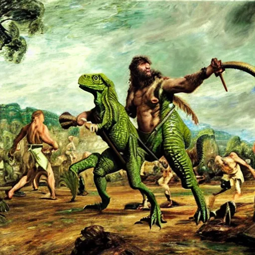 Prompt: A green scaly dinosaur!!! fighting with several realistic detailed cavemen with proportioned bodies armed with spears, the cavemen are wearing animal furs, coarse canvas, visible brushstrokes, intricate, extremely detailed painting by John Constable