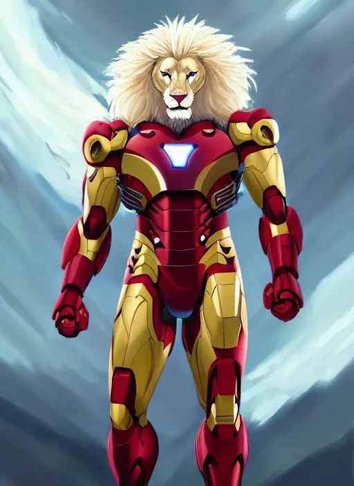 Prompt: aesthetic portrait commission of a of a male fully furry muscular anthro albino lion wearing attractive iron man suit. Character design by charlie bowater, ross tran, artgerm, and makoto shinkai, detailed, inked, western comic book art, award winning film poster painting