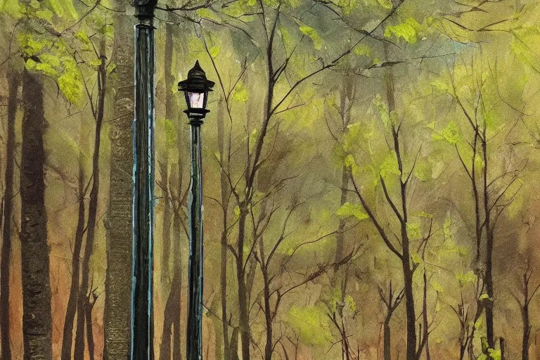 Image similar to vintage iron lamp post in the forest in the spring. Cinematic. Intricately detailed acrylic painting