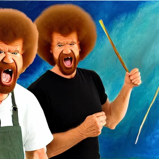 Image similar to insanely angry bob ross screaming at painting mistake