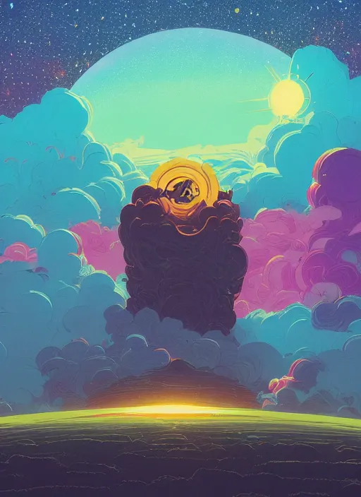 Image similar to a beautiful ultradetailed matte painting of a black hole swallowing a star, colorful and bright, clouds in the distance dark fantasy, d & d, artstation, art by petros afshar, tom whalen, laurie greasley and greg rutkowski and ilya kuvshinov