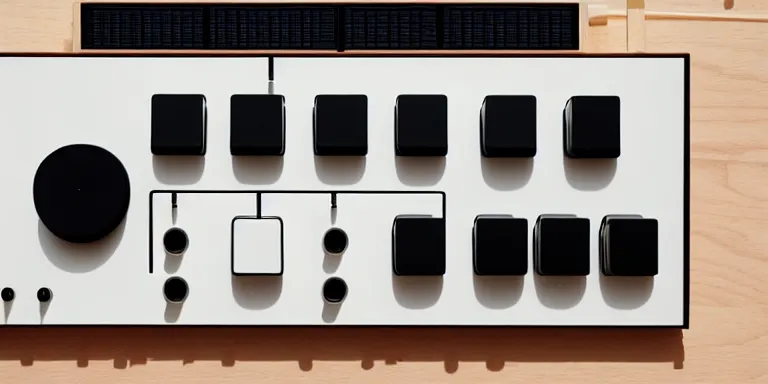 Image similar to dezeen showroom , minimalissimo, archdaily, ignant, teenage engineering moad, mother of all decks, product design concept, top down view of product shot of moog melotron synthesizer made by jony ives , dieter rams, 8k, high detailed photo