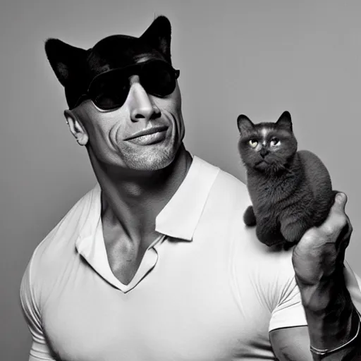 Image similar to dwayne johnson holding a black cat, studio lighting, promotional photograph