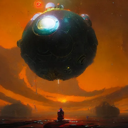 Prompt: A spherical spaceship by Greg Rutkowski and Paul Lehr