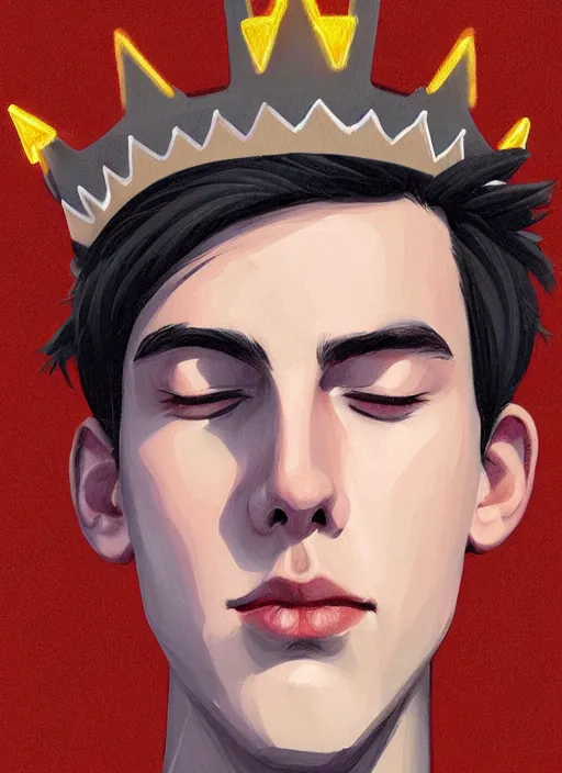 Image similar to portrait of teenage jughead jones wearing a light grey crown, symmetrical crown, sweater with picture of hamburger, eyes closed, crown, black hair, orange, intricate, elegant, glowing lights, warm lighting, highly detailed, digital painting, artstation, concept art, smooth, sharp focus, illustration, art by wlop, mars ravelo and greg rutkowski