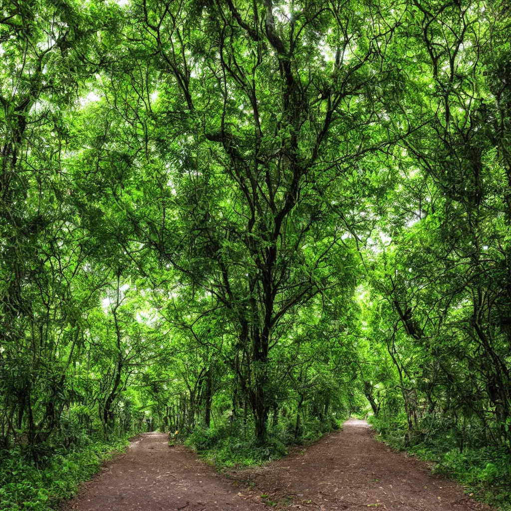 Image similar to a street overgrown with a lush forest