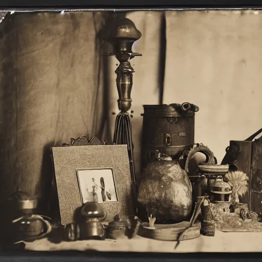 Image similar to Tintype photograph of objects displayed in an ethnographic museum, primitive display, anthropology of wonder, in the style of Marcel Duchamp, found objects, ready-made, 1920s studio lighting.