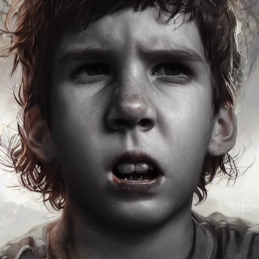 Prompt: UHD closeup of a Photorealistic boy with a giant gaping hole in his chest, heart broken, blood gushing forcefully by Antonio Caparo and Ferdinand Knab and Greg Rutkowski, UHD, photorealistic, trending on artstation, trending on deviantart