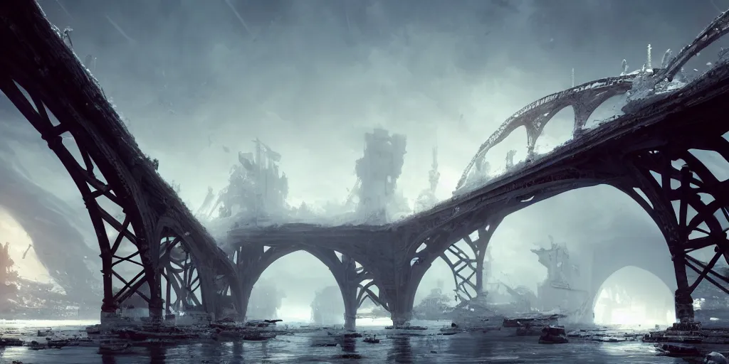 Image similar to huge white cotton everywhere on the destroyed harbour bridge, smooth, sharp focus, highly detailed, 3 d octane render, epic lighting, tragic atmosphere, lots of white cotton, 8 k, by greg rutkowski