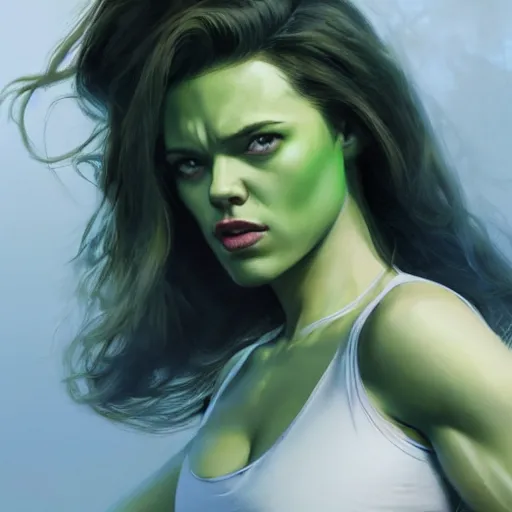 Image similar to she hulk, played by scarlett johannson, beautiful, cinematic, head and shoulders, trending on artstation, digital art, hyper realistic, striking pose, by greg rutkowski