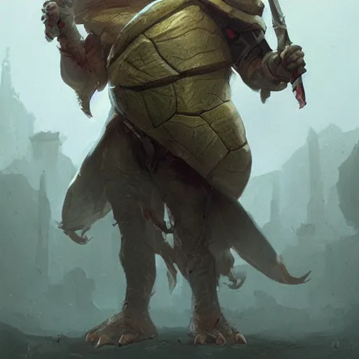 Image similar to anthropomorphic turtle hero, greg rutkowski