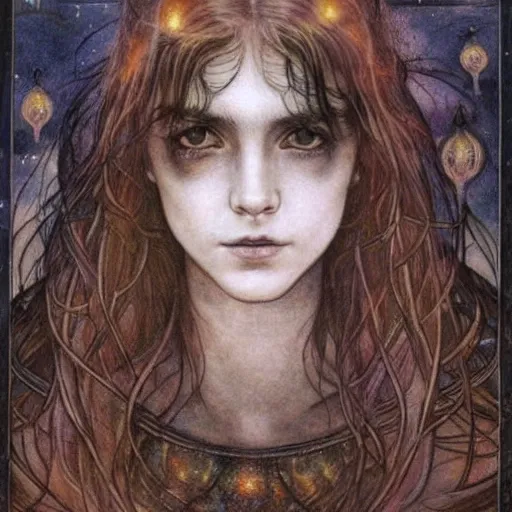 Image similar to Hermione in tattoos Extreamly beautiful Eyes Hypnotic Eyes Emotional Eyes by luis royo and Annie Swynnerton and Nicholas Roerich and jean delville glowing paper lanterns strong dramat