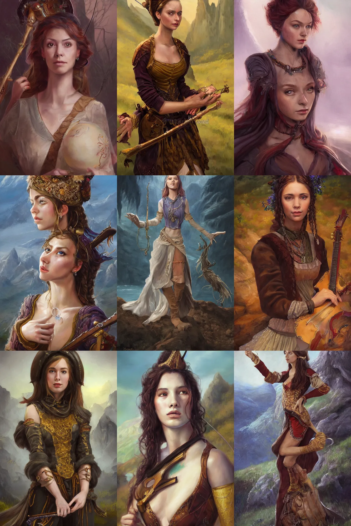 Image similar to a full body high detail fantasy portrait oil painting illustration of a single beautiful sophisticated bard woman by justin sweet with face and body clearly visible, in a scenic background, pupils visible, realistic proportions, d & d, rpg, forgotten realms, artstation trending, high quality, sombre mood, artstation trending, muted colours, entire person visible!