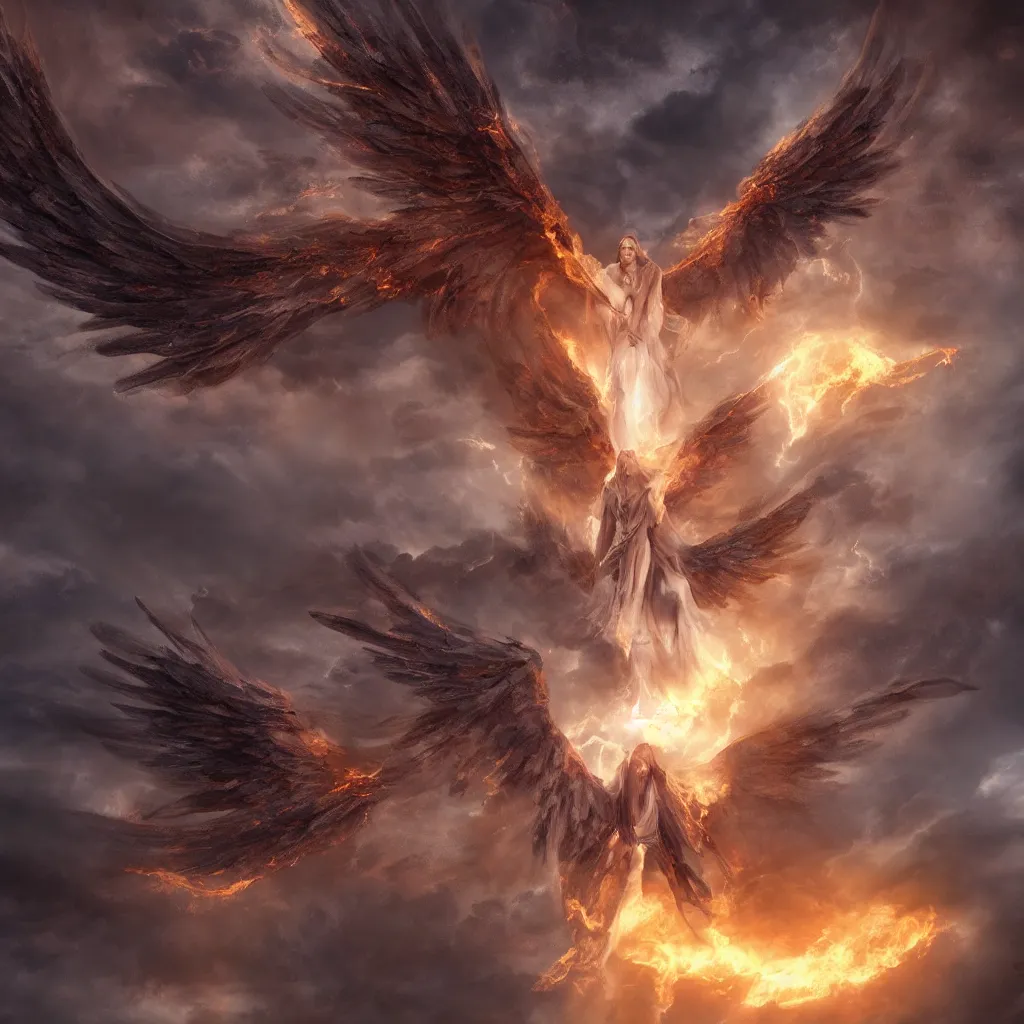 Image similar to a giant angel with many wings and eyes, fiery clouds, thunder, unreal engine, very detailed