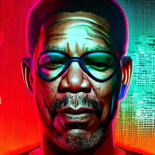 Image similar to morgan freeman portrait, cyberpunk 2 0 7 7, cyberpsycho, photorealistic, ultra detailed, neon, octane, bokeh, cyber, cyberpunk city, feature, scars, cyberface, 8 k