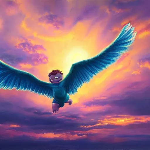 Image similar to a baby hulk with wings, flapping its wings flying in sunset sky, oil on canvas, portrait, intricate, 8k highly professionally detailed, HDR, CGsociety