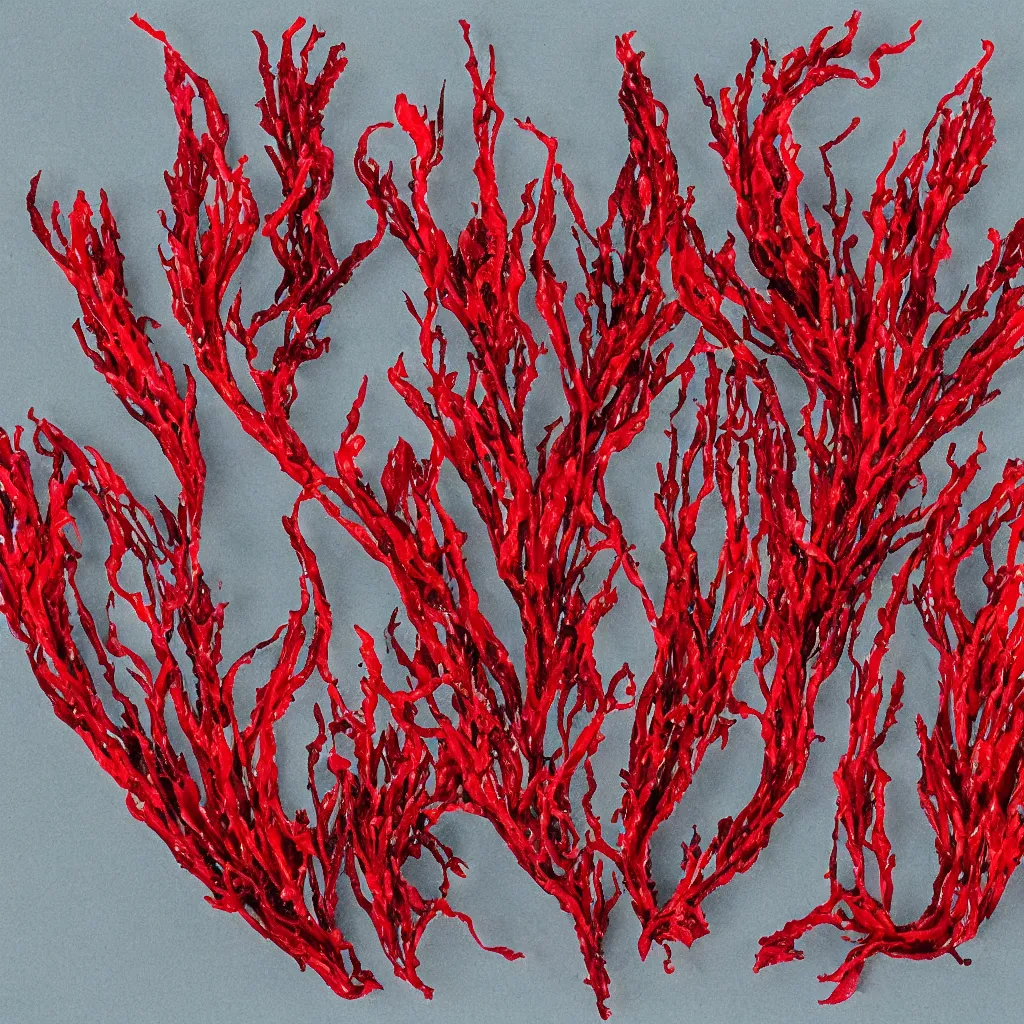 Image similar to bladder wrack and red dulse seaweed, decorative design against a grey background, done in Water colour