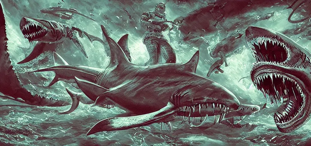 Image similar to concept art of shark attack, lovecraftian, lots of teeth, melting horror, fighting the horrors of the unknown with laser guns