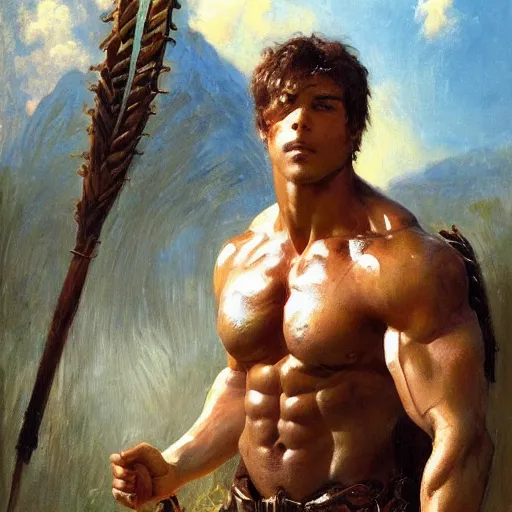 Image similar to handsome portrait of a spartan guy bodybuilder posing, lush surrounding by studio ghibli, by gaston bussiere, bayard wu, greg rutkowski, giger, maxim verehin