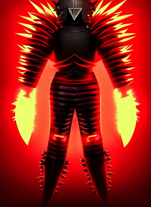 Image similar to a striking cinematic full body manga portrait of a long black haired masked male teenager wearing imposing red jagged spiked plate armour and glowing with raging powerful red energy by hirohiko araki and beeple, fine details, digital art, character concept art, volumetric lighting, cinematic light, photorealistic