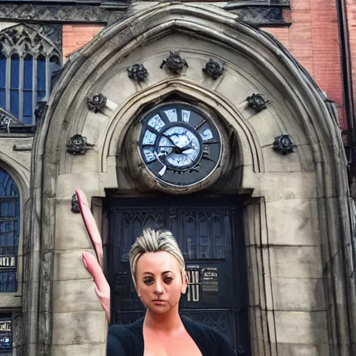 Image similar to A detailed photo of Kaley Cuoco under the Eastgate clock in Chester. Behind her we see a black panther