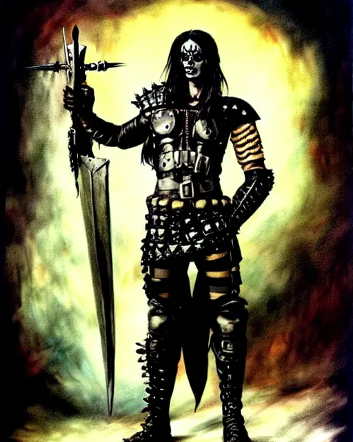 Image similar to portrait of a skinny punk goth soldier wearing armor by simon bisley, john blance, frank frazetta, fantasy, barbarian