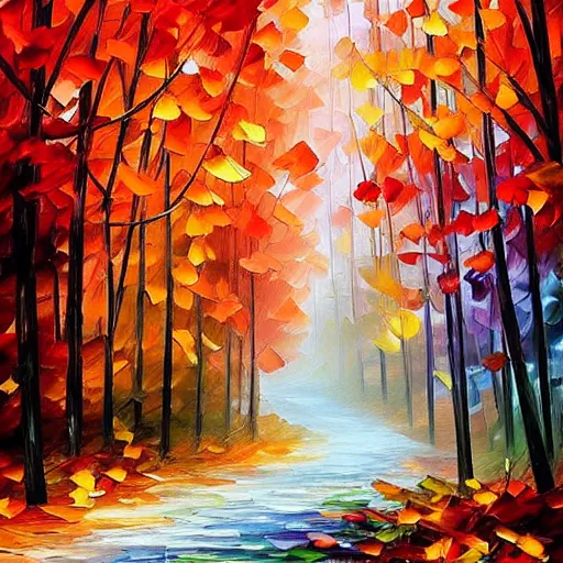 Image similar to beautiful leonid afremov and alena aenami impasto painting of a foggy forest path on a lovely autumn day. trending on artstation 8k hq