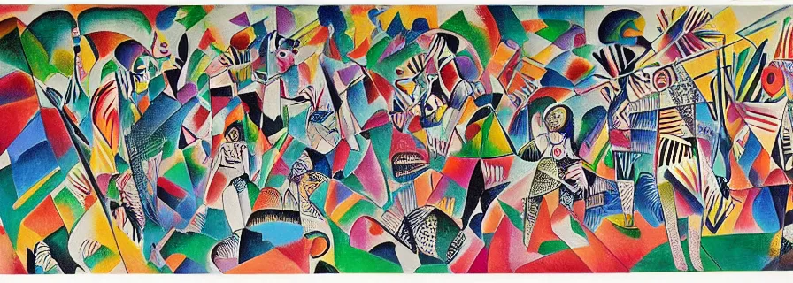 Image similar to party in jungles, girls with a slim figure in carnival skirts and guys in polygonal print shorts dance to the sound of ethnic drums, author zima blue, very elongated lines, wasily kandinsky, malevich, surrelialism, color splashes, grain