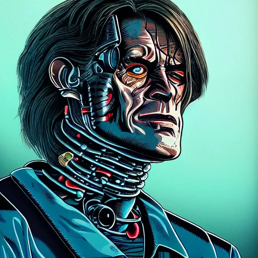 Image similar to close up portrait artwork of man with mullet cyborg eye. From The Terminator 1984. Artwork by Dan Mumford