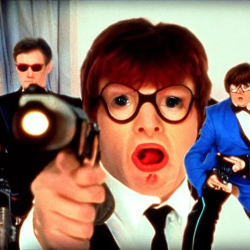 Image similar to austin powers shooting an ak - 4 7, photography, mike meyers, movie,