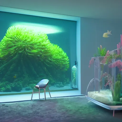 Image similar to the realistic photo of the modern room as aquarium with a big jellyfish and corals, realistic colors, realistic shadows, daylight made in blender, hd, 3 d by beeple and damian hirst