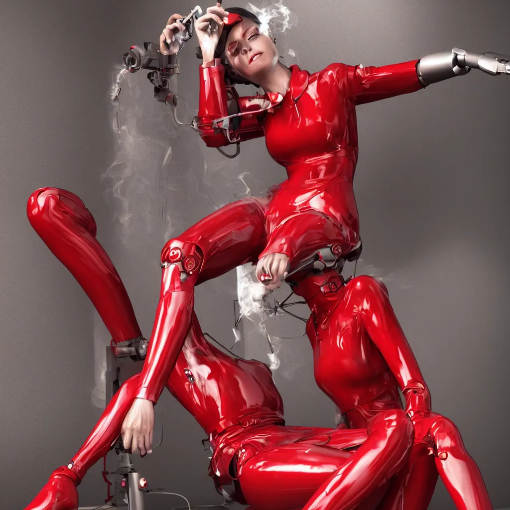 Image similar to a beautiful female cyborg is wearing red latex jumpsuit, sitting down smoking a cigarette, as her mechanical body is slowly shutting down. hyper realistic, octane render, 8 k resolution