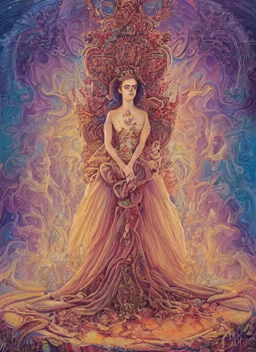 Image similar to beautiful oil painting, full length portrait of Emma Watson in baroque coronation robes 1701, Dan Mumford, Dan Mumford, Alex grey, highly detailed , lsd visuals, dmt fractal patterns, hallucinogen, visionary art, psychedelic art, ornate, vaporwave, baroque, Greg rutkowski