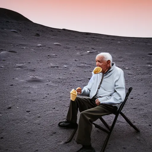 Image similar to an elderly man eating an ice cream on the surface of the moon, 🌕, 🍦, canon eos r 3, f / 1. 4, iso 2 0 0, 1 / 1 6 0 s, 8 k, raw, unedited, symmetrical balance, wide angle