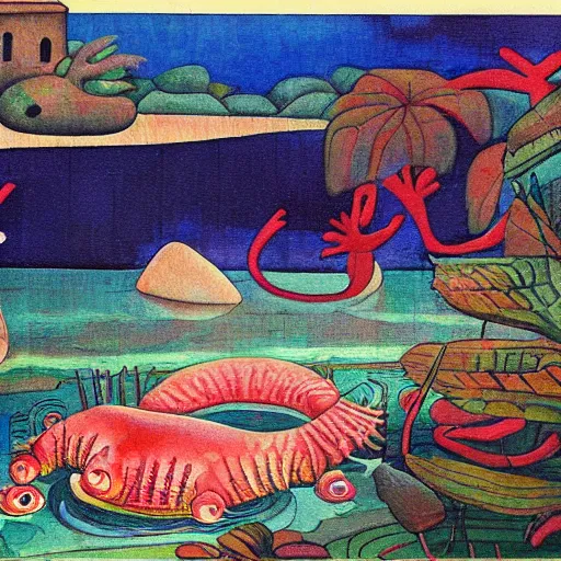 Prompt: axolotl swimming in a river with a quaint mexican village in the background painted by diego rivera