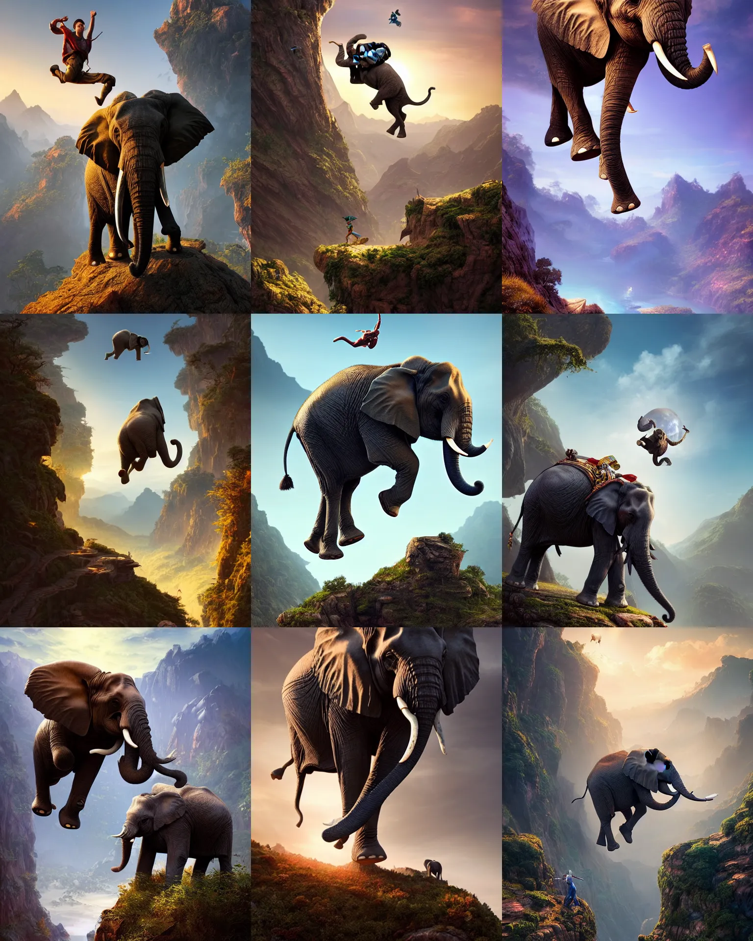 Prompt: an elephant jumping off mountain, fantasy, intricate, epic lighting, cinematic composition, hyper realistic, 8 k resolution, unreal engine 5, by artgerm, tooth wu, dan mumford, beeple, wlop, rossdraws, james jean, marc simonetti, artstation