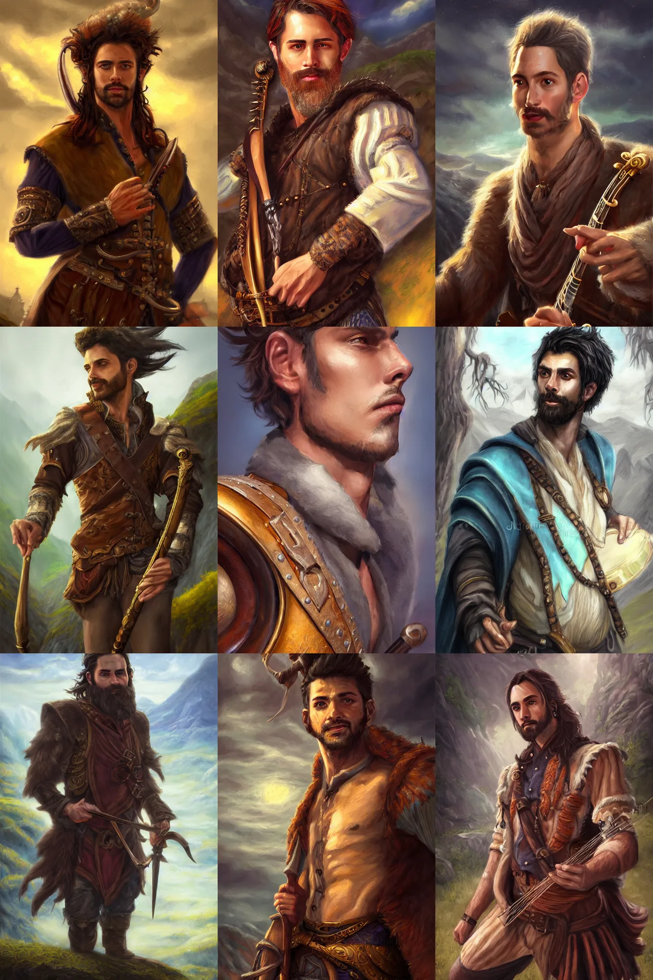 Image similar to a full body high detail fantasy portrait oil painting illustration of a single handsome male bard by justin sweet with face and body clearly visible, in a scenic background, intense eyes, realistic proportions, d & d, rpg, forgotten realms, artstation trending, high quality, sombre mood, artstation trending, muted colours, entire person visible!