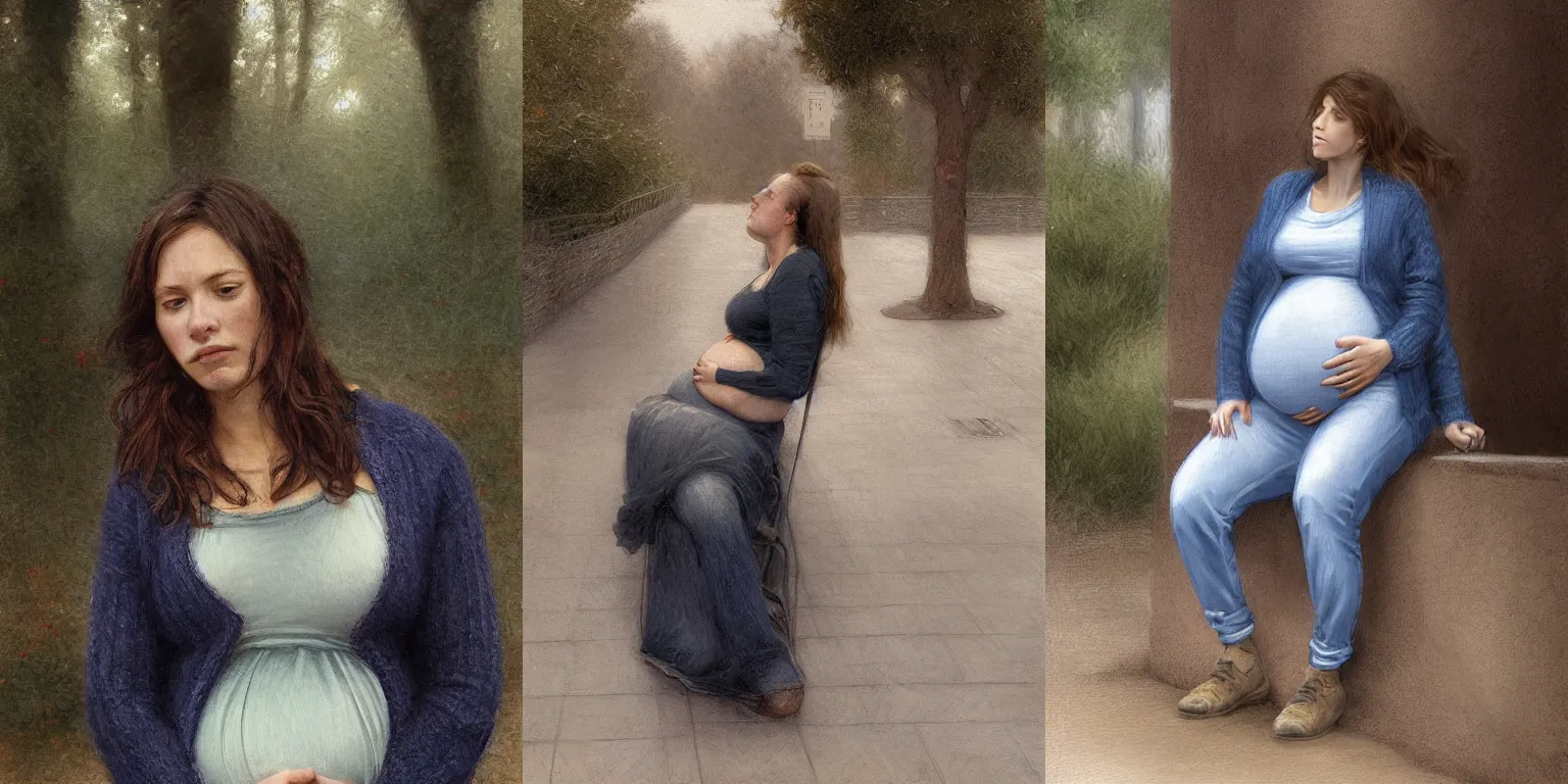Prompt: pregnant woman in jeans and sweater waiting for the bus, highly detailed, sharp focused, ultra realistic digital concept art by Alyssa Monks, Bouguereau