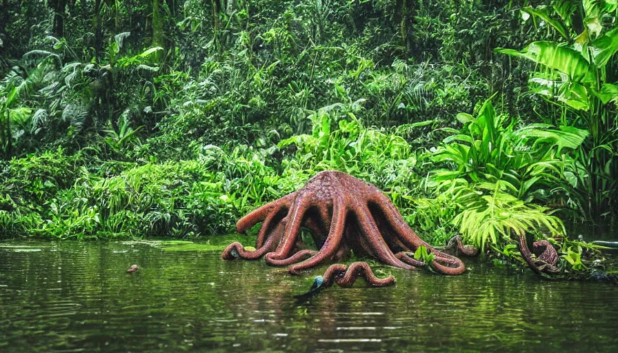 Image similar to a rainy foggy jungle, river with low hanging plants, there is a giant octopus in the water, great photography, ambient light