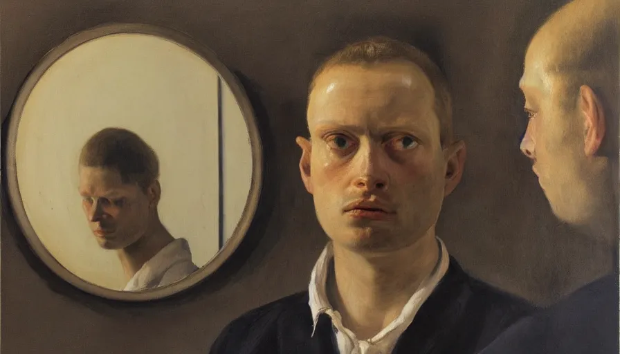 Image similar to painting by borremans, man in front of the mirror, detailed, stunning, hyperrealism, dynamic lighting